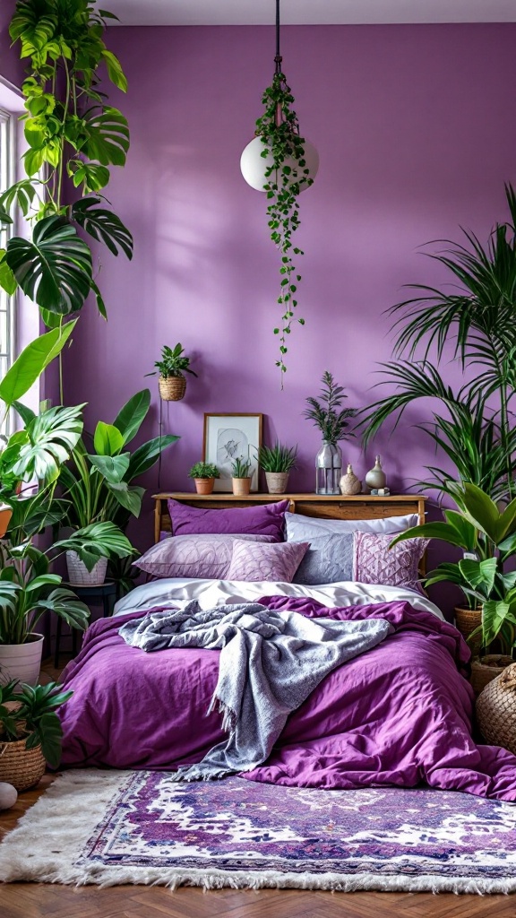 A cozy bedroom filled with various indoor plants and purple decor.