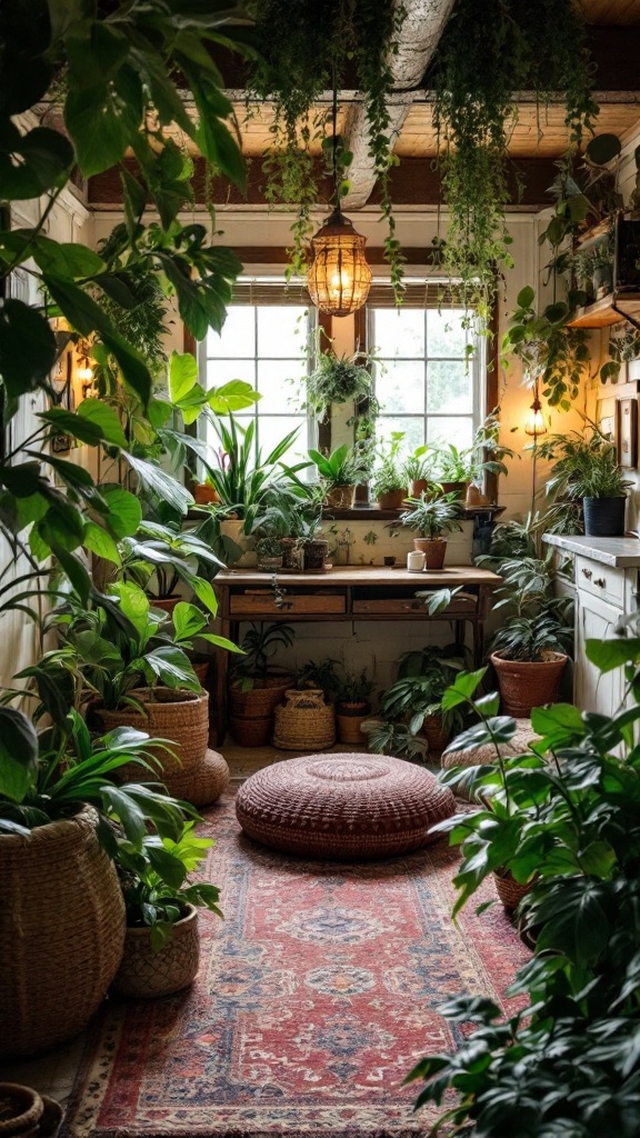 A cozy indoor space filled with various potted plants, showcasing a warm atmosphere.