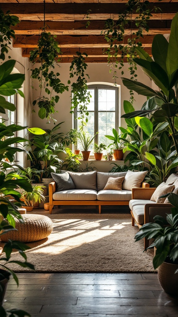 A cozy indoor space filled with various indoor plants, featuring a comfortable couch and natural light.