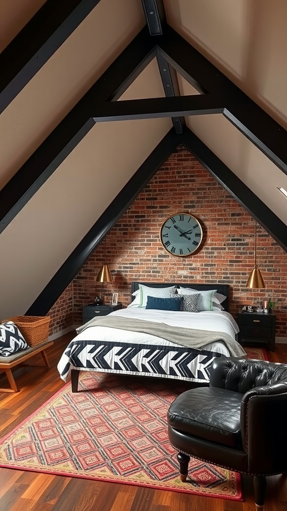 A cozy industrial loft bedroom with exposed brick walls, a stylish bed, and unique decor.