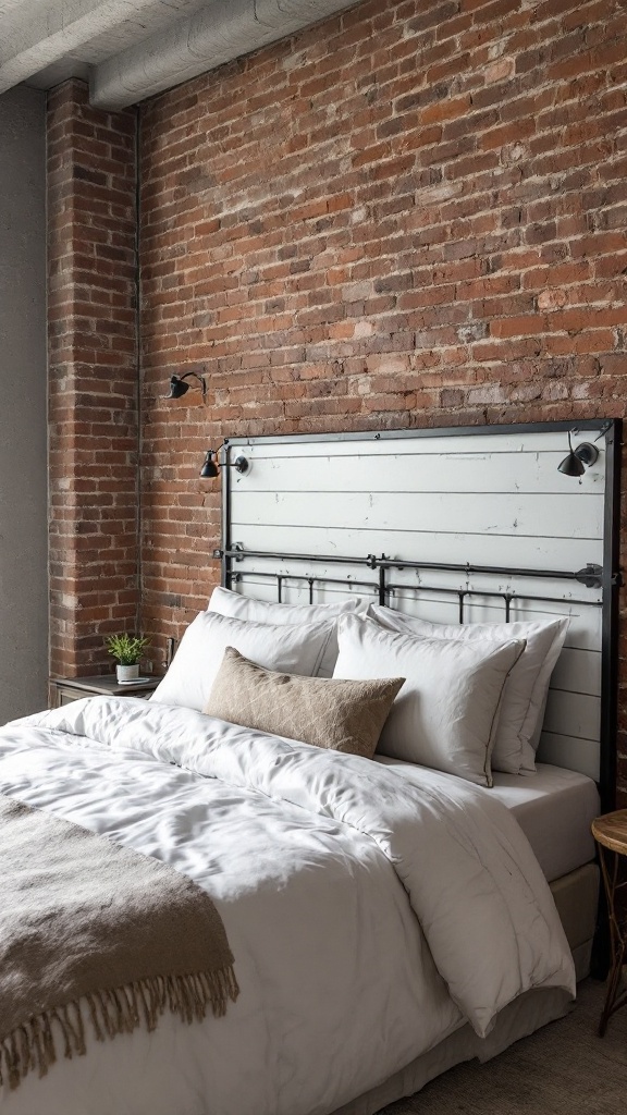 A cozy bedroom featuring an industrial style shiplap headboard against a brick wall.