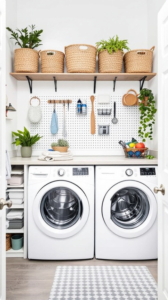 A tidy laundry room featuring white washing machines, shelves with woven baskets, and a pegboard for hanging items.