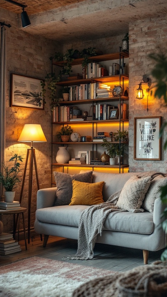 Cozy reading nook with a sofa, bookshelves, and warm lighting.