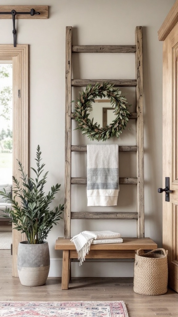 A stylish ladder mirror with a natural wood finish, adorned with a wreath and accompanied by a cozy bench and plants.