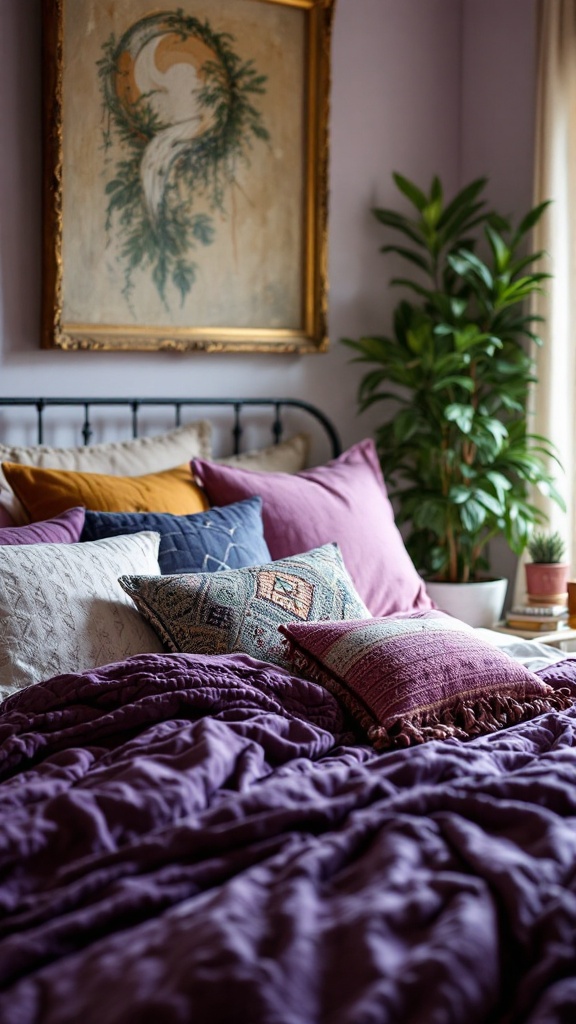 Cozy bed with layered bedding in purple shades and patterned pillows.