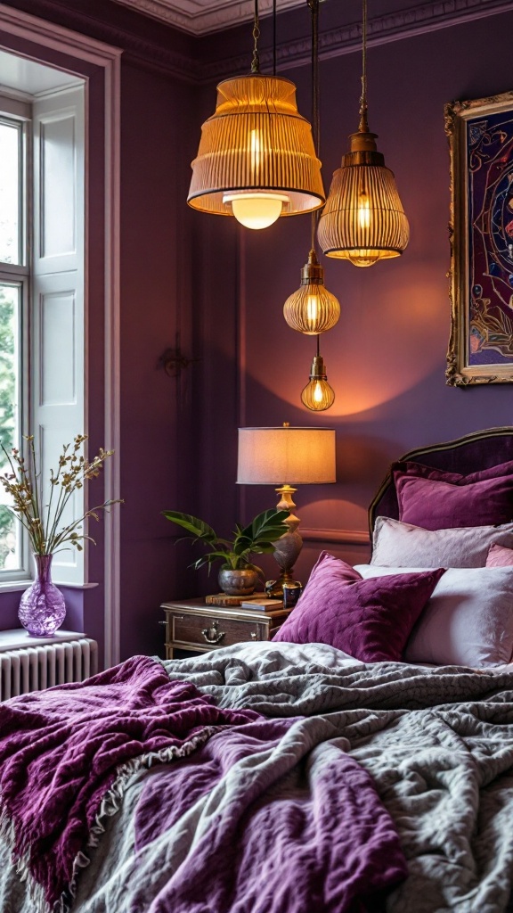 A cozy bedroom featuring layered lighting fixtures with assorted styles and colors.