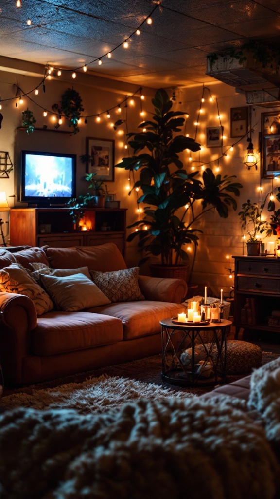 Cozy living room with layered lighting, featuring string lights and candles.