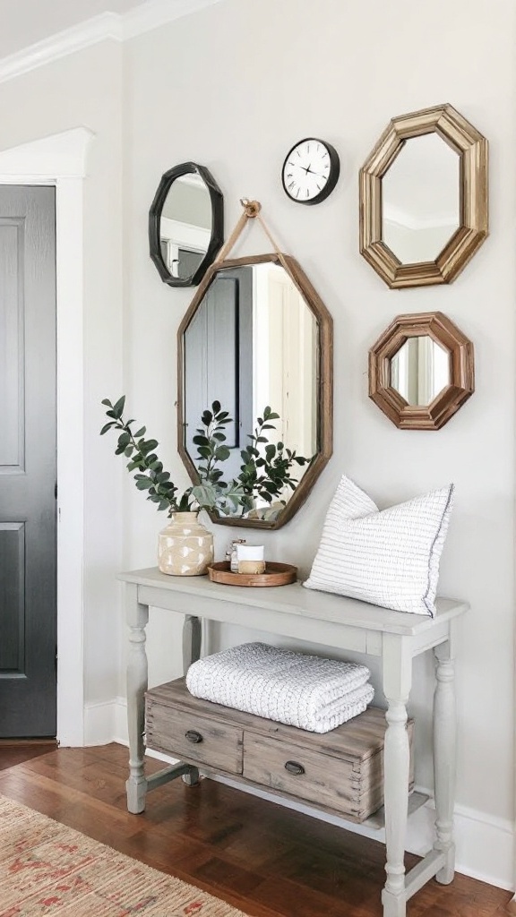 A console table with a layered mirror display on the wall, featuring various mirror shapes and a few decorative items.