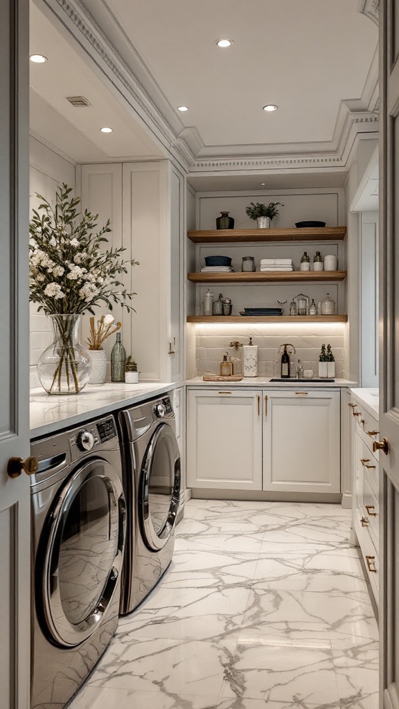 A luxurious laundry room featuring modern washers and stylish decor.