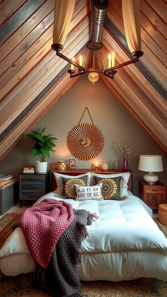 A cozy and stylish bedroom featuring warm wooden beams, a comfortable bed with decorative pillows, and a soft throw blanket.