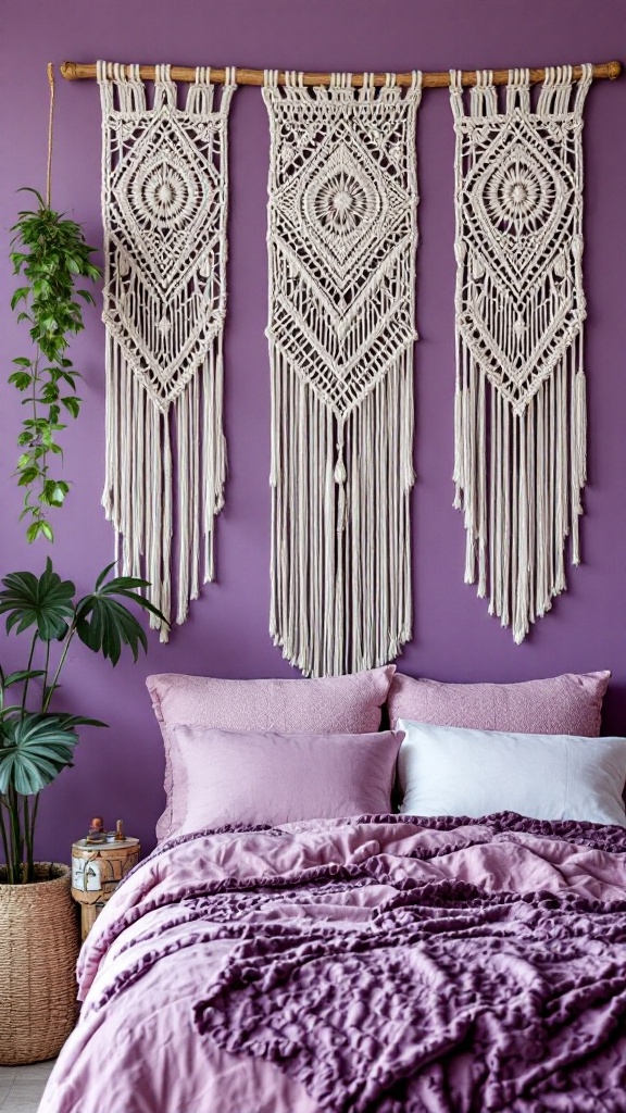 Three macramé wall hangings in cream color on a purple wall, above a bed with pink and white pillows.