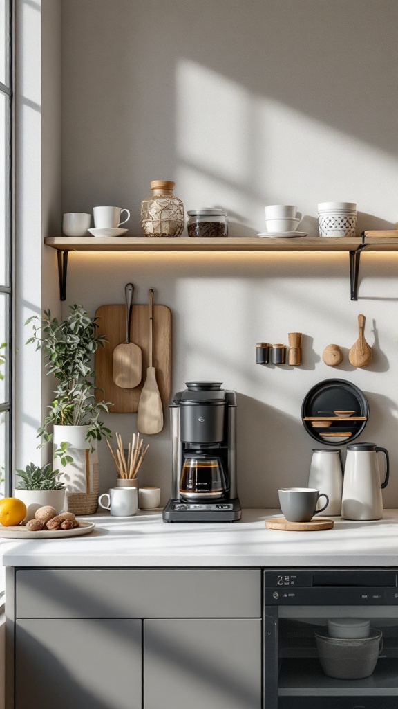 A minimalist coffee station featuring a coffee maker, mugs, and plants on a clean countertop.