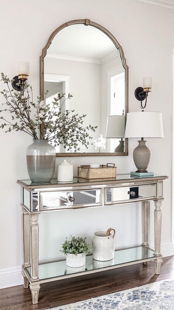 A stylish mirrored console table with a vase, lamp, and decor items.