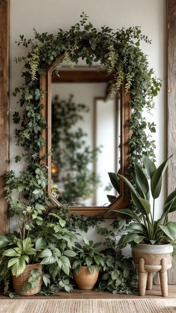 A mirror framed with green plants, surrounded by potted greenery.