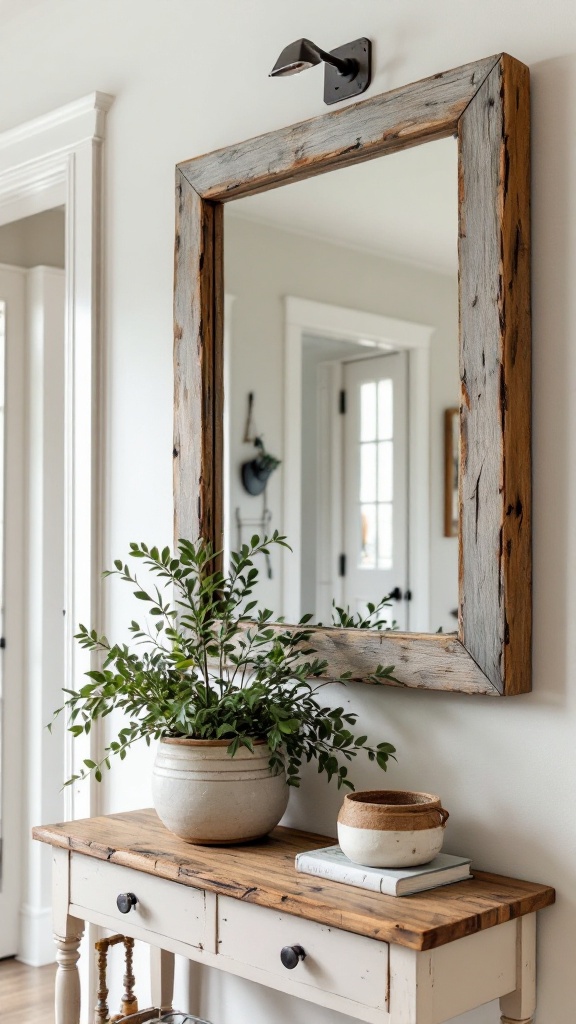 A rustic mirror with a barnwood frame hanging above a table with plants.