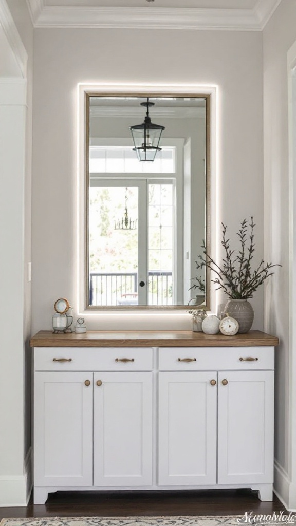 A stylish mirror with built-in lighting, reflecting a bright interior space.