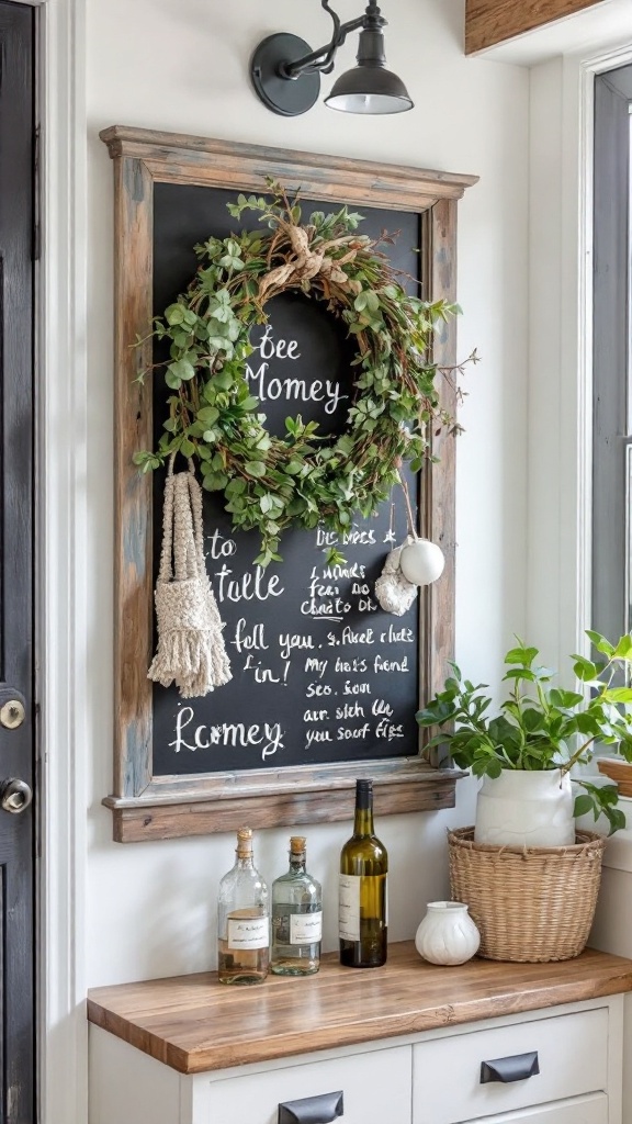 A decorative wall with a chalkboard framed mirror featuring a wreath and a plant on a table below.