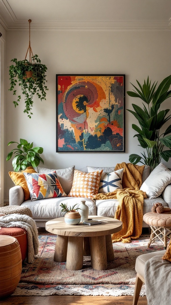 A cozy living room with a mix of colorful cushions, a wooden coffee table, and plants.