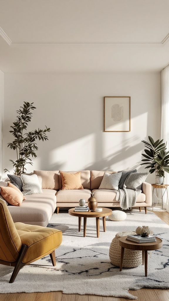 Stylish living room with mixed furniture styles, featuring a modern sofa, vintage chair, and decorative plants.