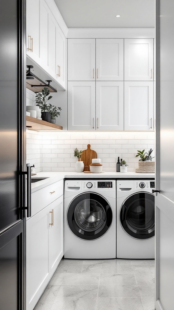 A bright and clean minimalist laundry room featuring white cabinetry, modern appliances, and decorative plants.