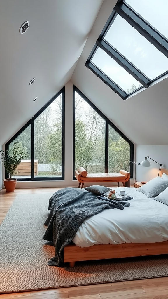 A modern minimalist bedroom with large windows, a wooden bed, and a cozy atmosphere.