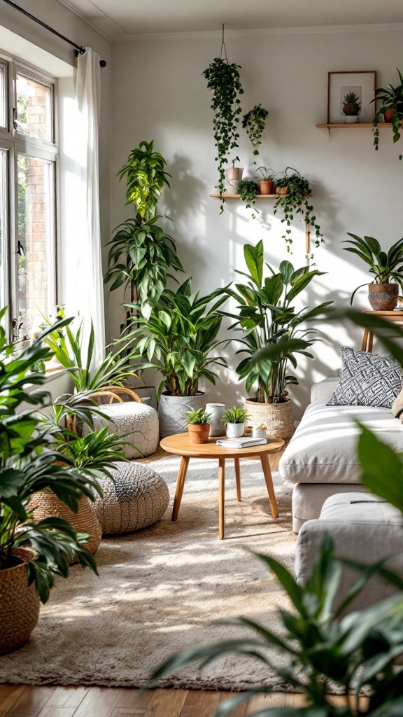 A cozy living room filled with various indoor plants, showcasing natural elements.