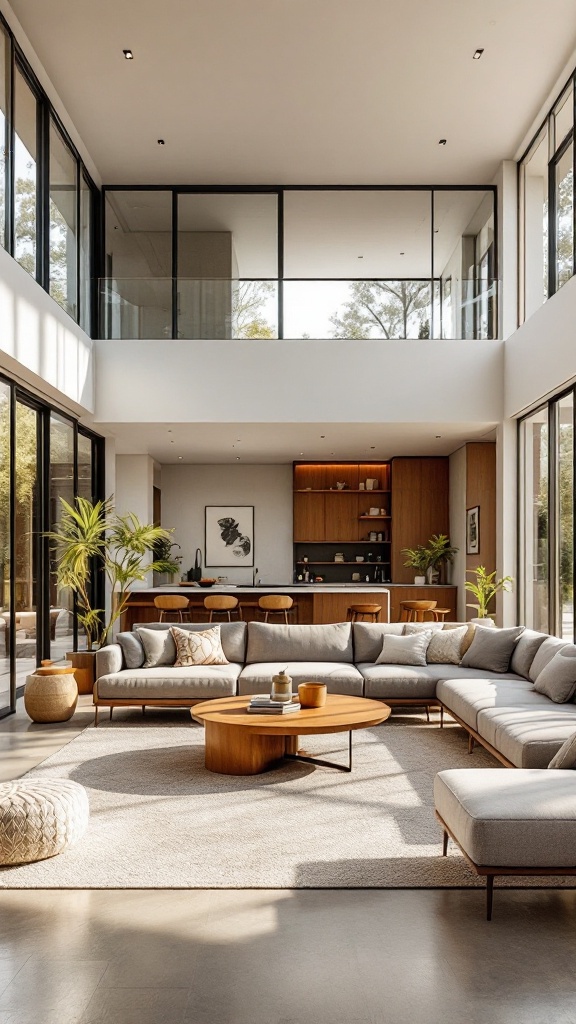 A modern living area featuring large windows, a cozy sectional sofa, and a wooden coffee table, illuminated by natural light.