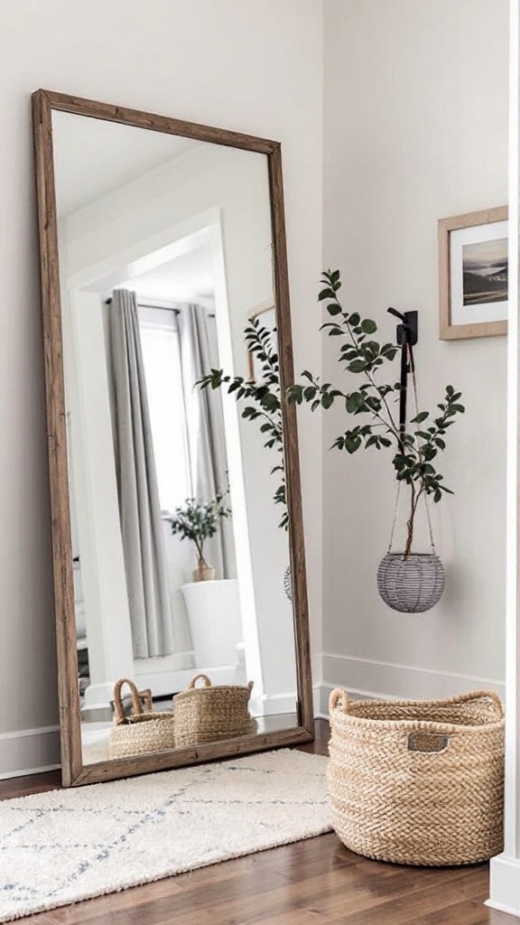 A large leaning mirror with a wooden frame in a modern interior, reflecting plants and decor.