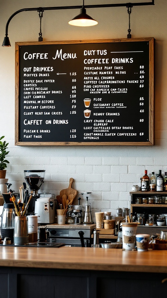 A chalkboard coffee menu displayed in a cozy coffee bar setting.