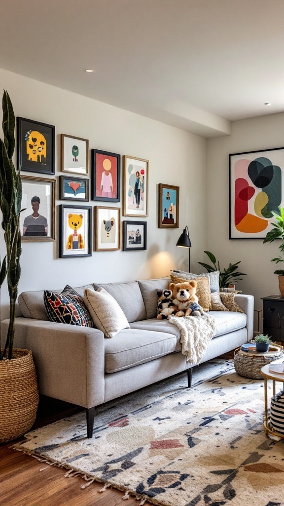 A cozy living room featuring artwork, plants, and a plush sofa.