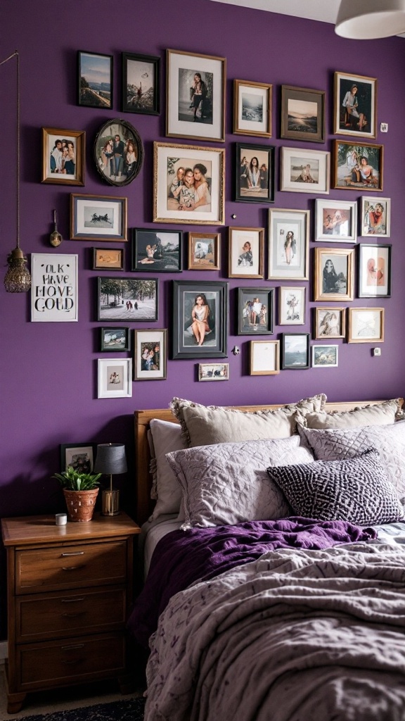 A cozy bedroom with a personalized gallery wall in various frames on a purple background.