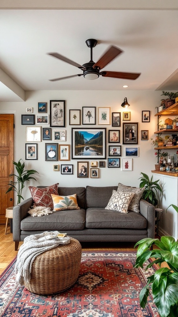 Cozy living room with a gallery wall filled with framed photos and artwork.