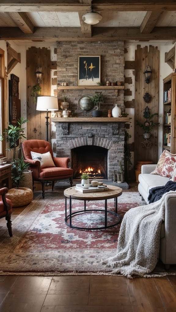 Cozy living room featuring reclaimed wood elements, a brick fireplace, and comfortable seating.