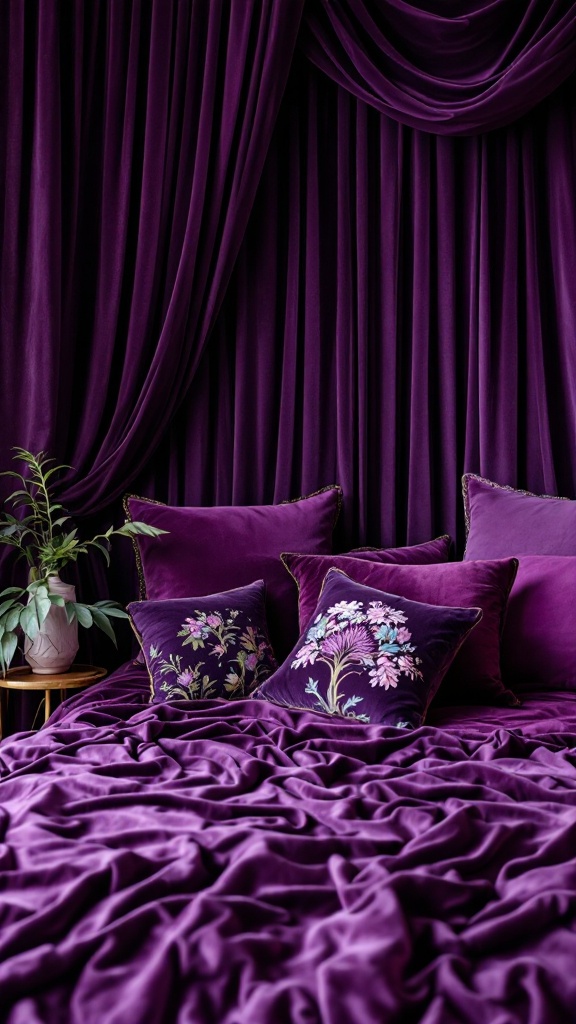 A beautifully arranged purple velvet bed with matching pillows and curtains.