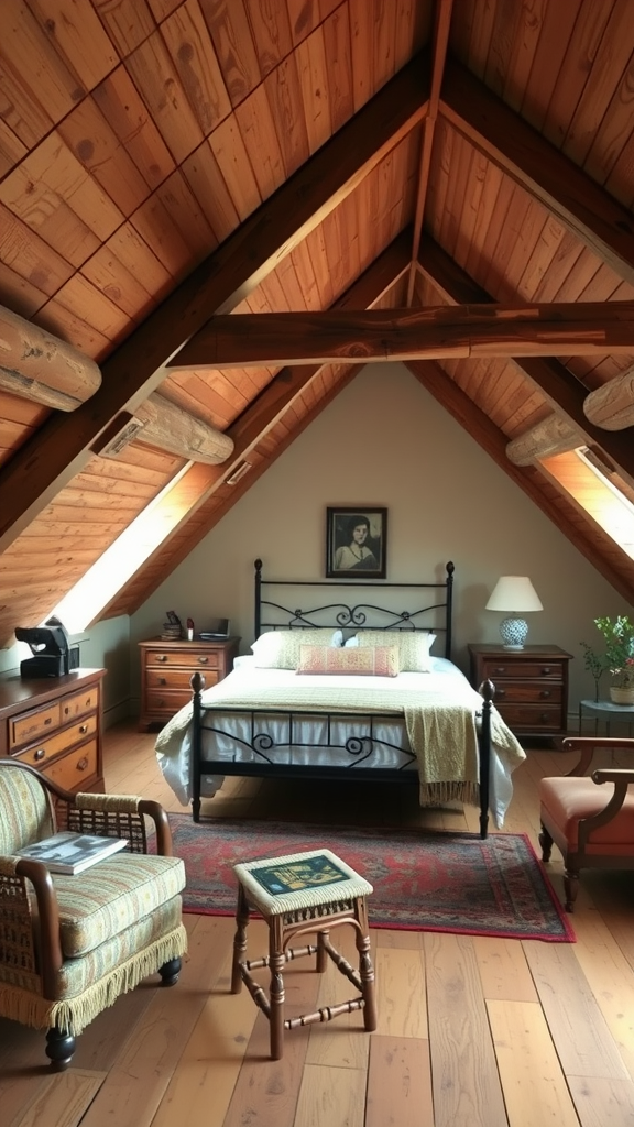 Cozy bedroom with exposed wooden beams and rustic furniture.