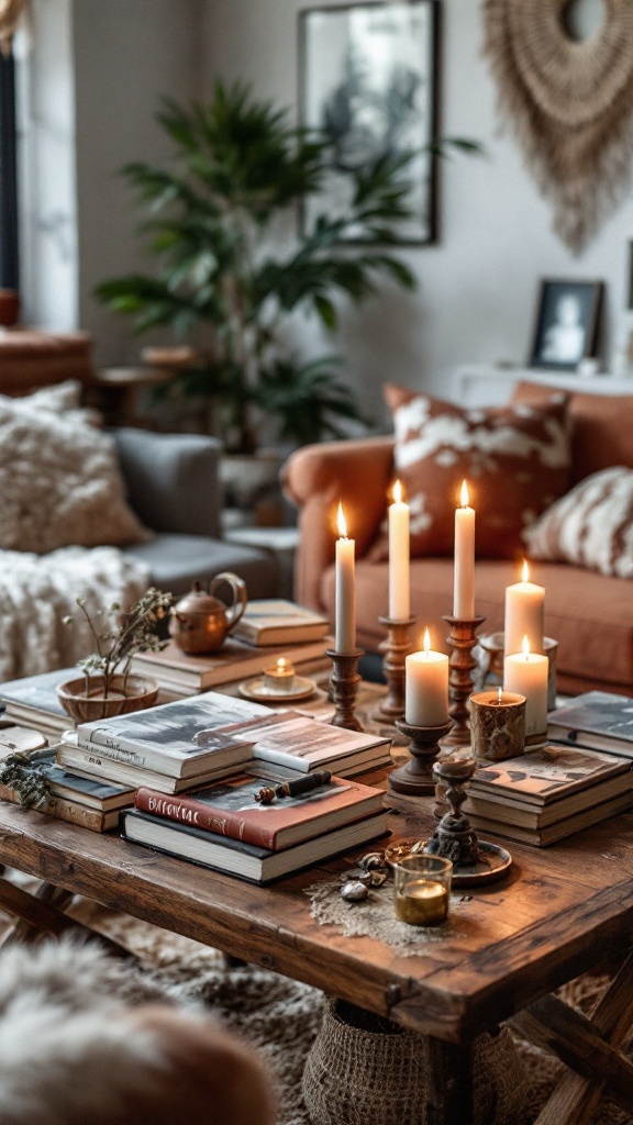 A rustic coffee table adorned with candles and books in a cozy living room setting.