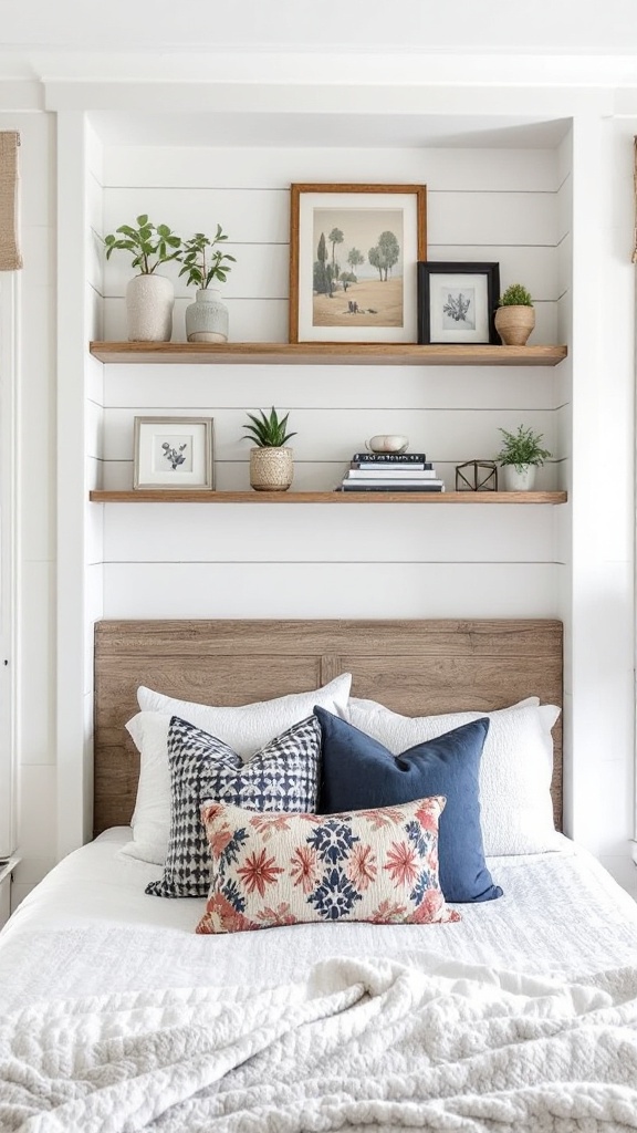 A cozy bedroom featuring rustic shiplap walls with built-in shelves, displaying plants and framed pictures above a bed with decorative pillows.