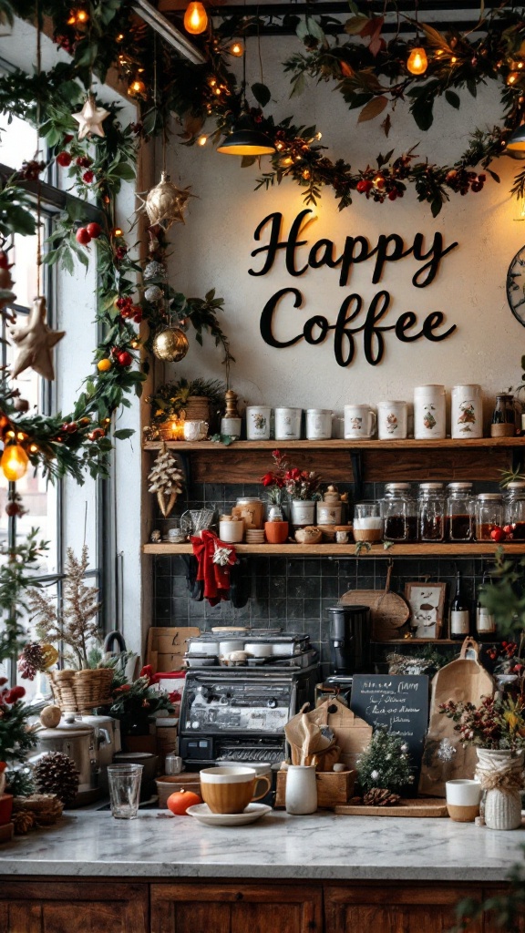 A cozy coffee bar decorated with seasonal elements such as garlands, ornaments, and festive mugs.