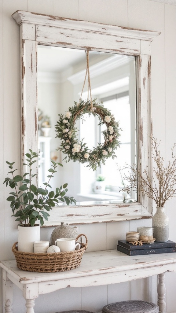 A distressed mirror with a floral wreath hanging in front of a light-colored wall, accompanied by decorative plants and a wooden table.