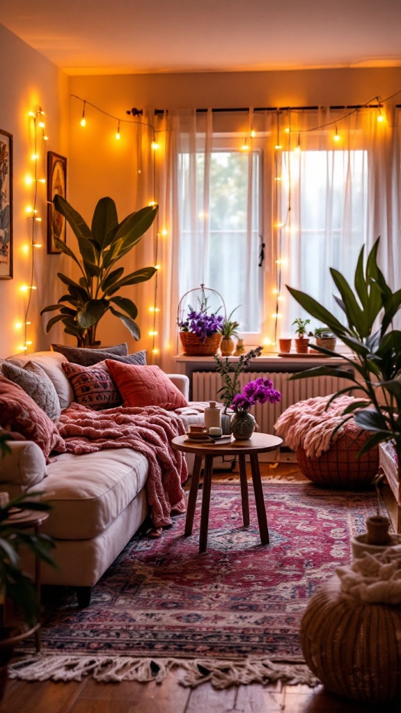 A cozy living room with soft, ambient lighting from string lights and natural decor.