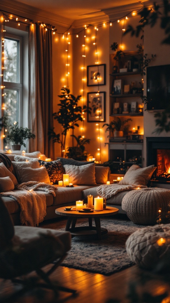 A cozy living room with soft lighting from string lights and candles.