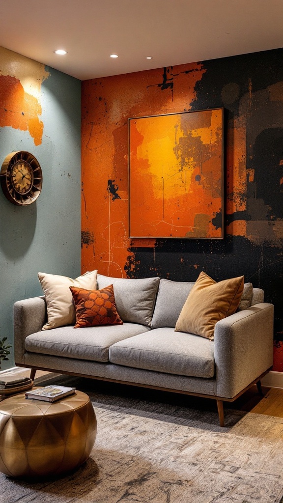 Stylish living room with an accent wall featuring bold colors and abstract art.