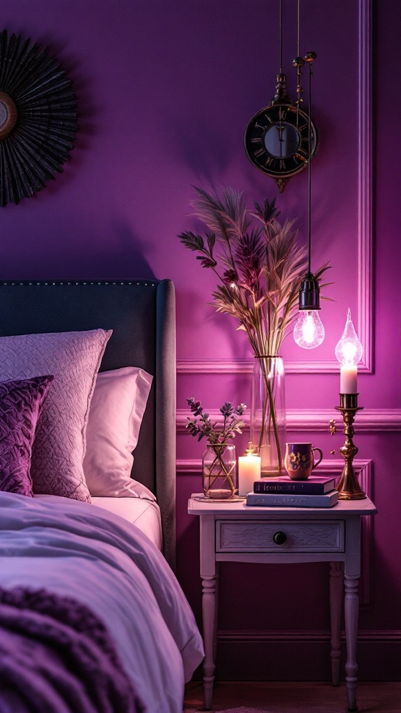 A cozy bedside setup with stylish reading lights, a vase of flowers, candles, and decorative elements.