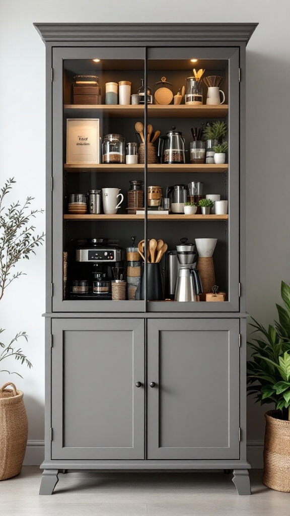 Stylish coffee cabinet with various coffee-making essentials and decorative items