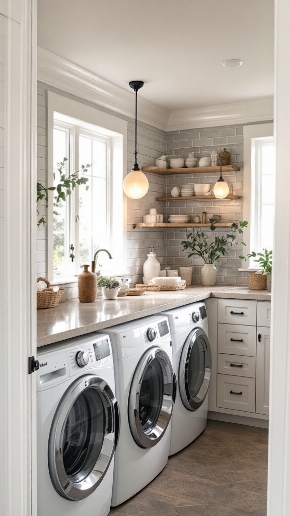 A stylish laundry room with modern lighting and neatly arranged shelves.