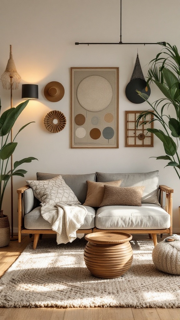 A cozy living room with a wooden sofa, decorative pillows, and wall art featuring earthy tones.