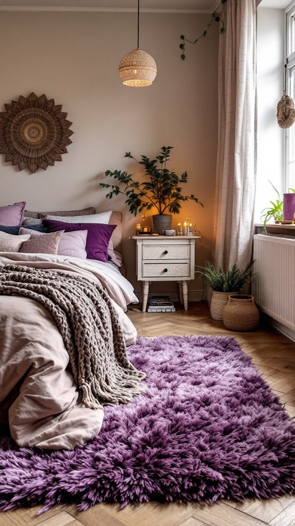 A cozy bedroom featuring a plush purple rug, soft bedding, and warm lighting.