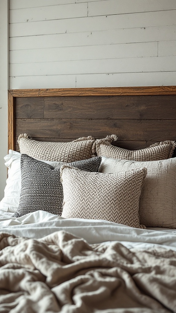 Cozy bedroom with textured shiplap wall and layered fabrics on the bed.