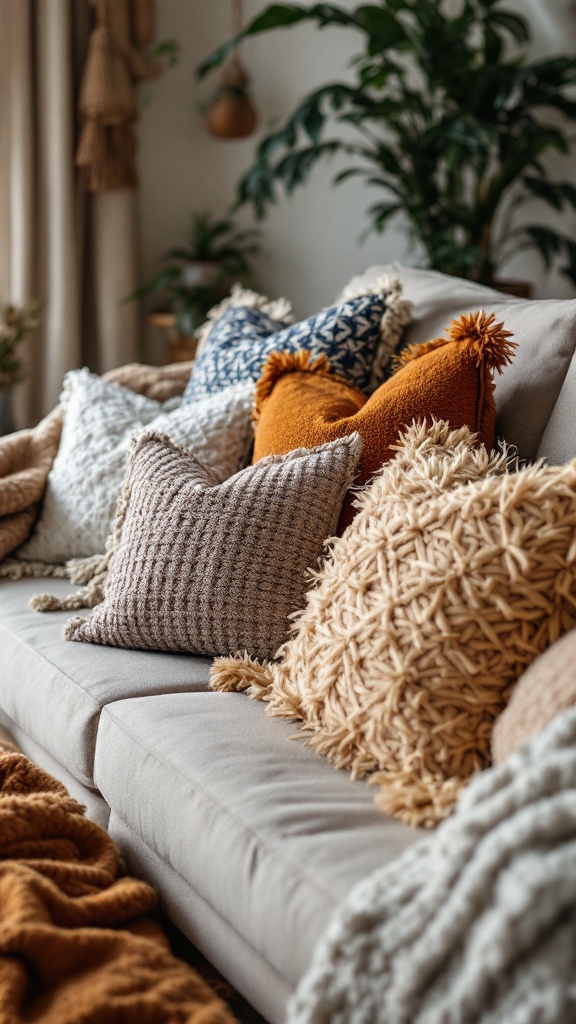 A cozy sofa adorned with various textured throw pillows in warm tones.