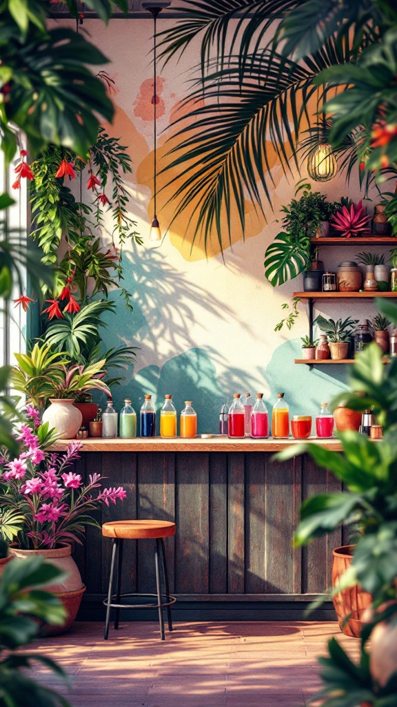 A cozy tropical coffee bar with colorful drinks, plants, and a wooden counter.